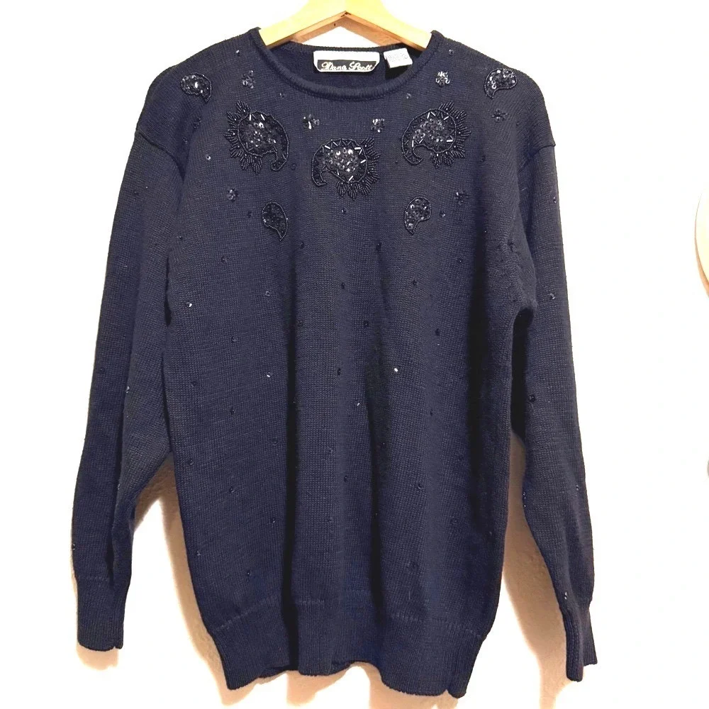 Vtg Dana Scott women's L Black Beaded Sequin Embellished Knit Sweater warm EUC‎